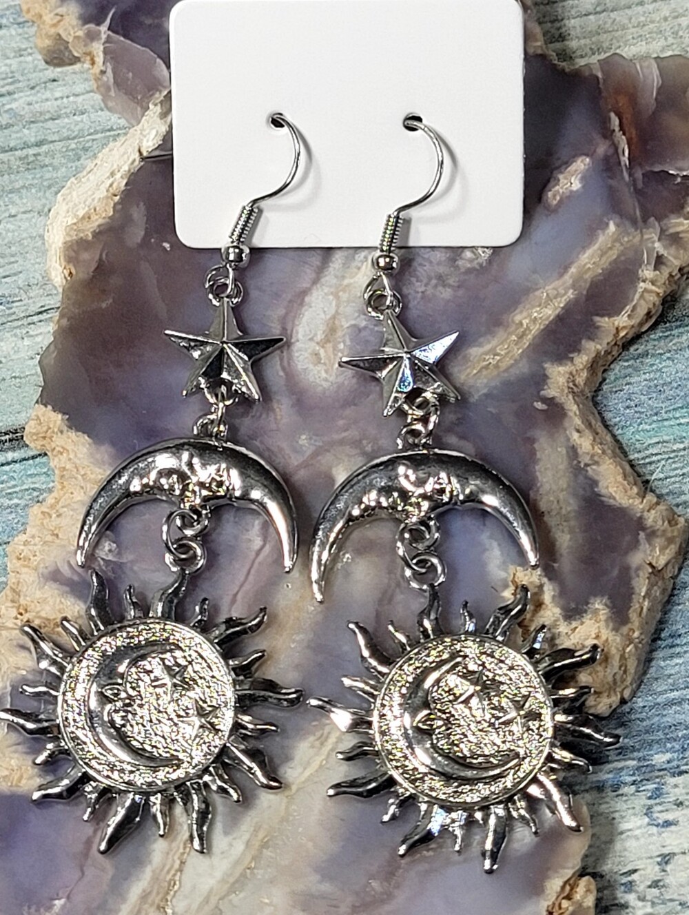 Silver Moon & Sun Dangle Earrings - Star Accent